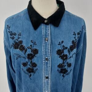 Cabin Creek Women Denim Floral Embroidered Long Sleeve Shirt Size XL 100% Cotton